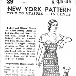 Rare Vintage 1930s Dress NEW YORK Sewing Pattern 29 Size18 Bust 36 FF