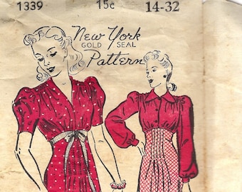 1930s New York 1339 Misses' Dress Vintage Sewing Pattern, Size 14 Bust 32