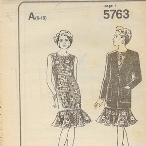 May include: A vintage sewing pattern for a dress and jacket. The pattern is for sizes 6-16 and is labeled "5763". The dress is sleeveless and has a floral print. The jacket has long sleeves and a button closure. The pattern includes instructions for making the garments.