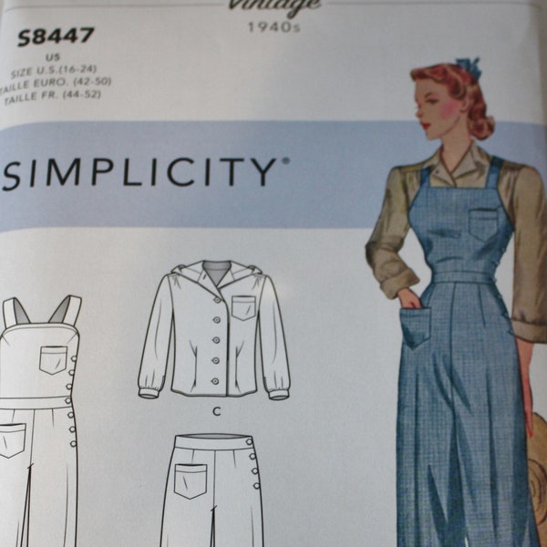 Simplicity S8447 40s Overalls Pattern, Blouses, Pants, UNCUT, Retro Vintage Simplicity