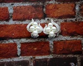 Faux Pearl Sparkly Design Silvertone Clip Earrings, Vintage Clip On Earrings