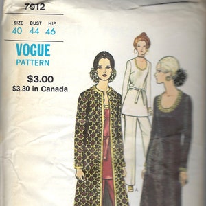 May include: A vintage sewing pattern for a long, patterned coat and a long, black dress. The pattern is from Vogue and is size 40, 44, and 46. The pattern is $3.00 and $3.30 in Canada.