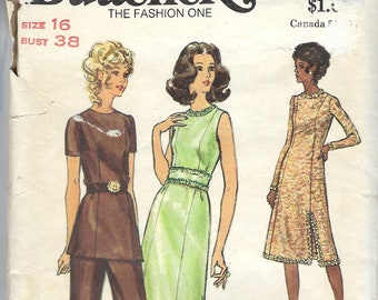 1970's Butterick 6468 Slim Princess Seam Evening Dress or Tunic & Pants Size 16 UNCUT