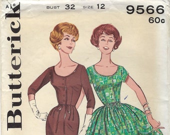 1950s Dress Sewing Pattern: Slim & Full Skirt, Size 12, Butterick 9566