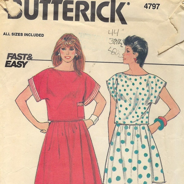 80s Butterick 4797 Tops, Skirts Vintage Sewing Pattern, Size P S M L