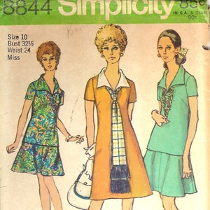 1970s Simplicity 8844 Fräulein einteiliges Kleid, Überbluse, Rock, Schal Schnittmuster