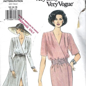 90&#39;s Vogue 9005 Misses&#39; Mock Wrap Dress, Loose Fitting Blouson Bodice, Straight or Flared Skirt, Size 12-14