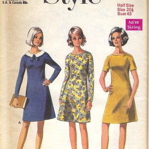 May include: Vintage sewing pattern titled "Style 2436" featuring three dress designs. The dresses are in blue, yellow floral, and solid yellow. The pattern includes sizing information for a bust of 43 inches.