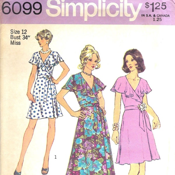 1970s McCalls 6099 Wrap Dress Sewing Pattern, Two Lengths, Flutter Sleeve, Bust 34