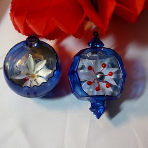 Vintage 50s Diorama Blue Floral Christmas Ornaments, Mid Century, Set of Two image 1