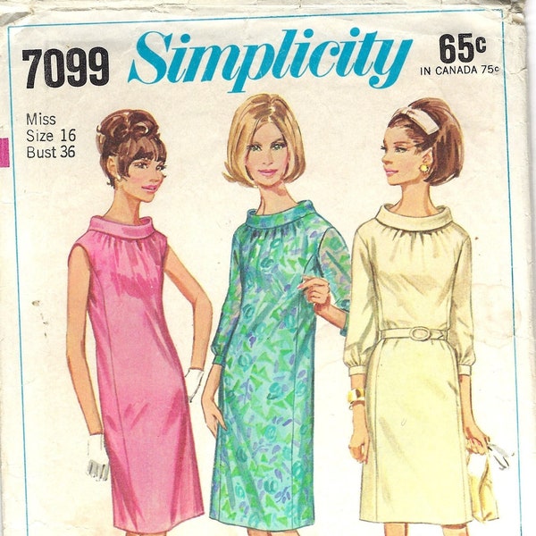 1960s One Piece Dress Pattern, Simplicity 7099, Princess Seamed, Bias Roll Collar, Size 16  Bust 36