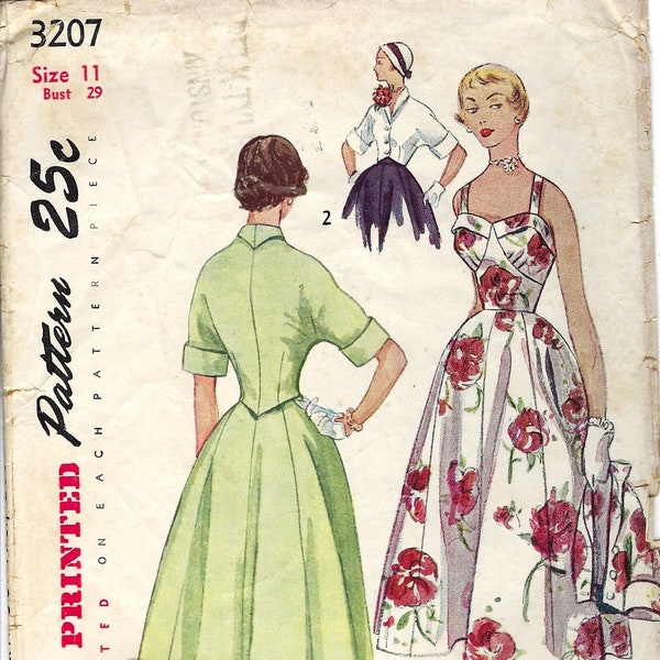 50s Dress Sewing Pattern, Simplicity 3207, Dress w Full Skirt, Size 11, Bust 29