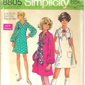 1970s Simplicity 8805 Misses&#39; One-Piece Dress Vintage Sewing Pattern Size 13-14 Bust 33.5