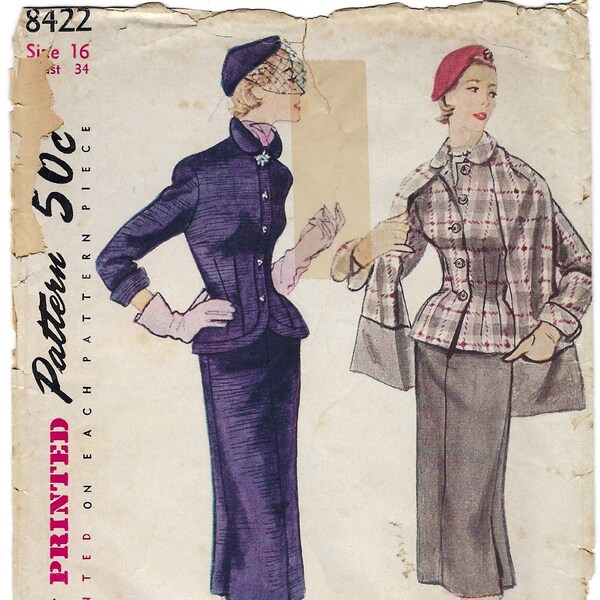 Simplicity 8422 1950s Slim Skirt Suit and Stole Sewing Pattern, Fitted Jacket, Bust 34