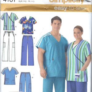 May include: A sewing pattern for scrubs, featuring two different styles of tops and pants. The pattern is for sizes AA, S, M, and L. The pattern is from Simplicity and is easy to sew. The pattern is $14.95.