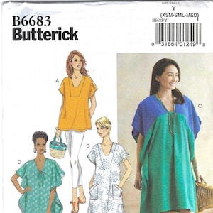 以下が含まれることがあります： Butterickの縫製パターン、B6683。女性用のトップスとドレスのデザインが特徴です。デザインには、チュニック、ポケット付きのドレス、カラーブロックのガフタンスタイルのドレスが含まれます。サイズはXSMからMEDです。