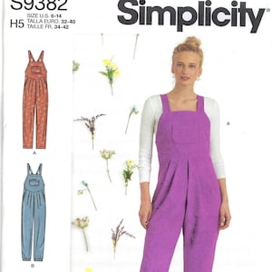 May include: A sewing pattern for a pair of dungarees with a pocket on the front. The pattern is for sizes 6-14 and includes three different styles: A, B, and C. The pattern is from Simplicity and has the number S9382 on it.