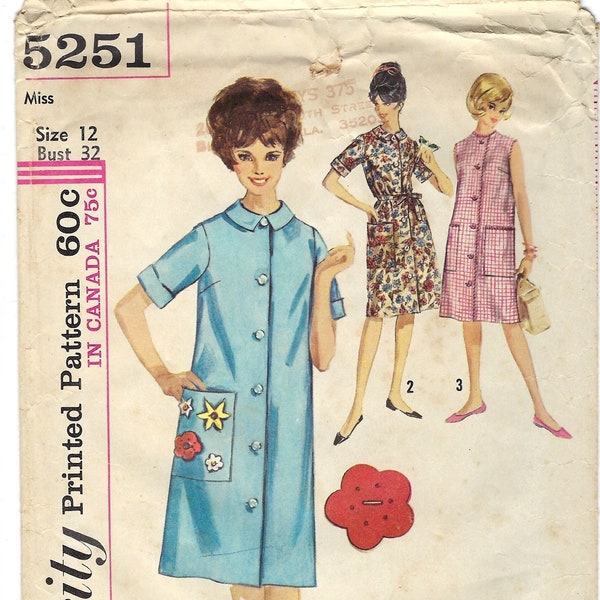 1960s House Dress Simplicity 5251 Vintage Sewing Pattern Size 12 Bust 32