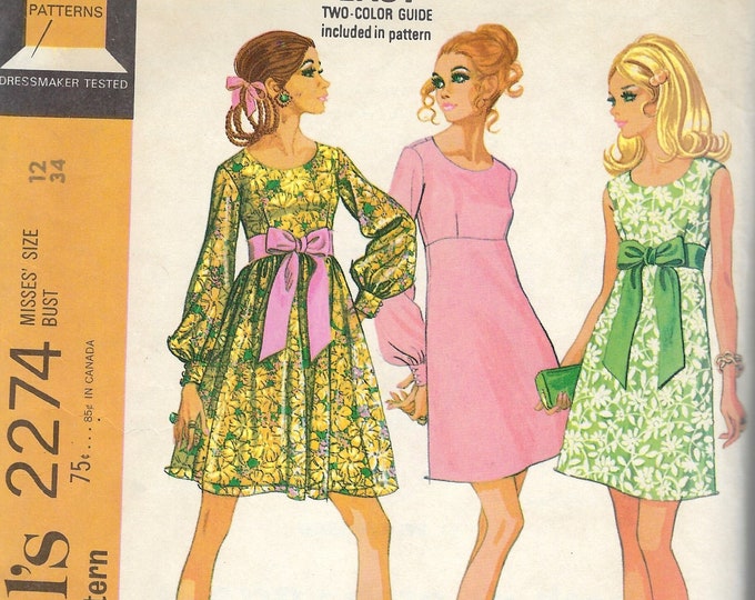 1970 Mccall's 2274 Vintage Sewing Pattern, Misses' High Waisted Dress ...