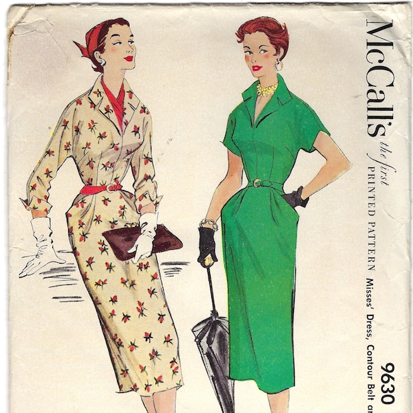 McCalls 9630 1950s Sheath Dress Pattern, Contour Belt Scarf, Womens Vintage Sewing Pattern, Kimono Sleeve, Size 14 Bust 32