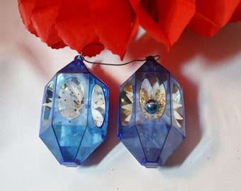 Vintage 50s Set of Two Diorama Blue Hexagon Christmas Ornaments