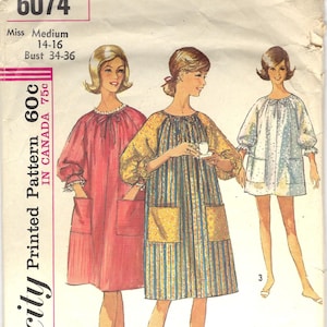 Simplicity 6074 60s Muu Muu Pattern, Two Lengths, Patch Pockets, Womens Vintage Sewing Pattern, Size Medium Bust 34 36