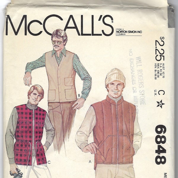 1970s McCall's 6848, Men's Vests Sewing Pattern, Size Ex-Large, Chest 46-48"