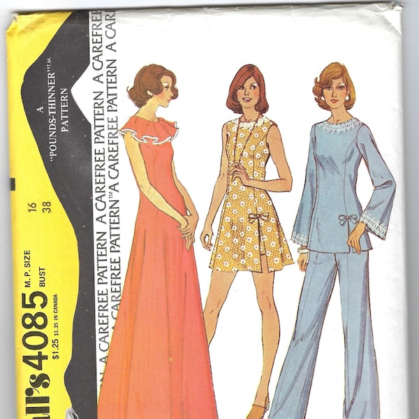 1970's McCalls 4085, Maxi-Dress, Mini Dress, Tunic and Wide Leg Pants Sewing Pattern, Bust 38"