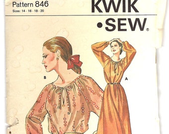 Kwik Sew 846, Sewing Pattern, Size 14-20 Women's Dress Pattern, Peasant Top Pattern