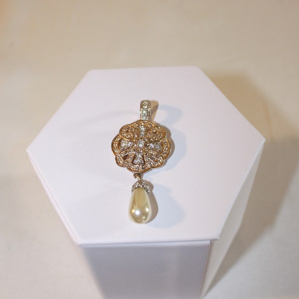 Vintage Signed Roman Gold Tone, Crystal and Faux Pearl Pendant