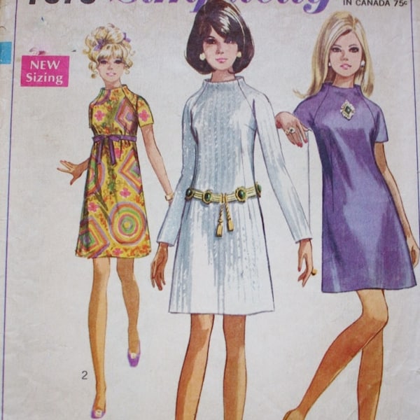 Simplicity 7673 60s Dress Pattern, Raglan Sleeves, Collarless