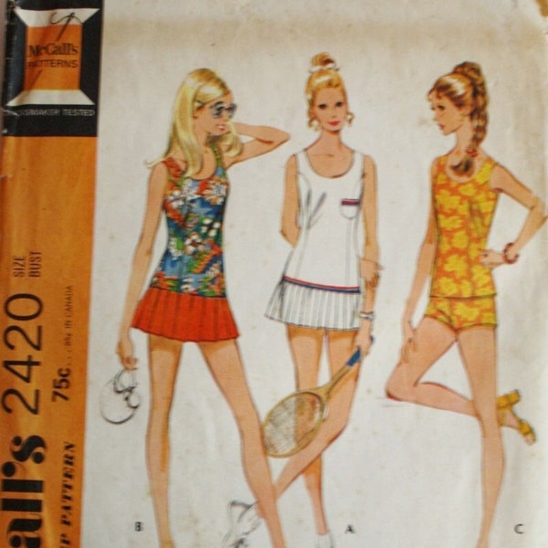 McCall's 2420 Drop Waist Pleated Tennis Dress, Vintage Sewing Pattern,  League Play, 1970s