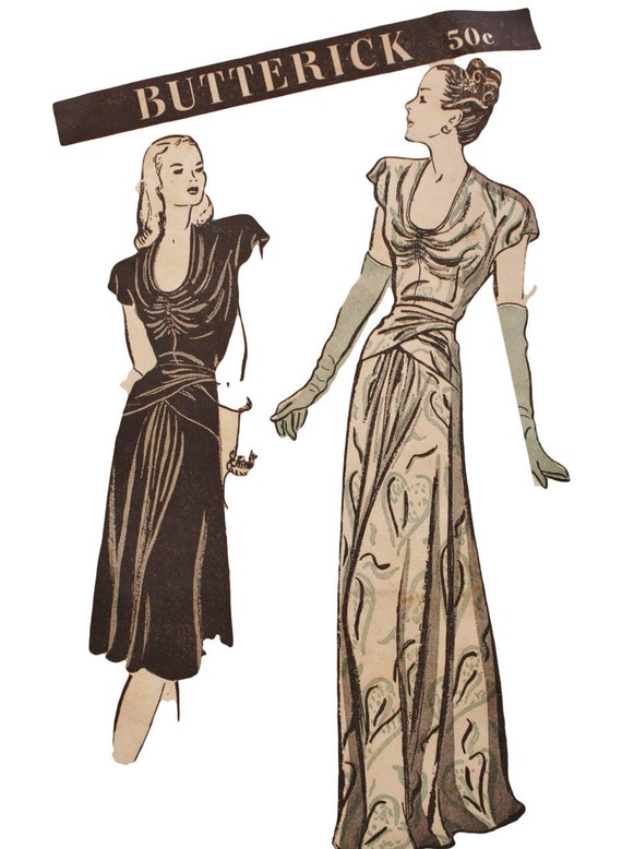 1940s Evening Gown Pattern Draped Dress Butterick 3789 Vintage Etsy