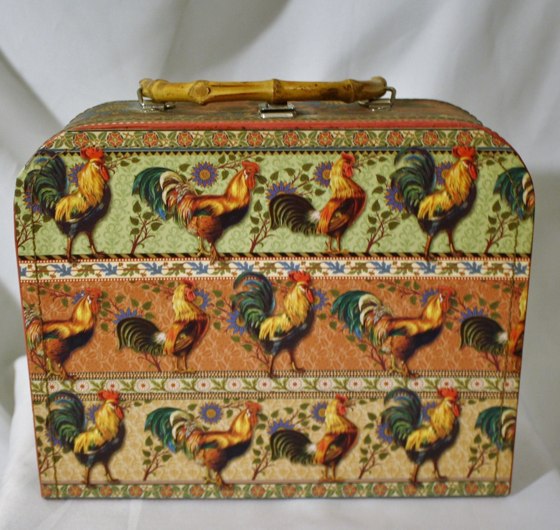 Pooch & Sweetheart Rooster Handbag or Storage Keepsake Box With Bamboo Handle for sale  