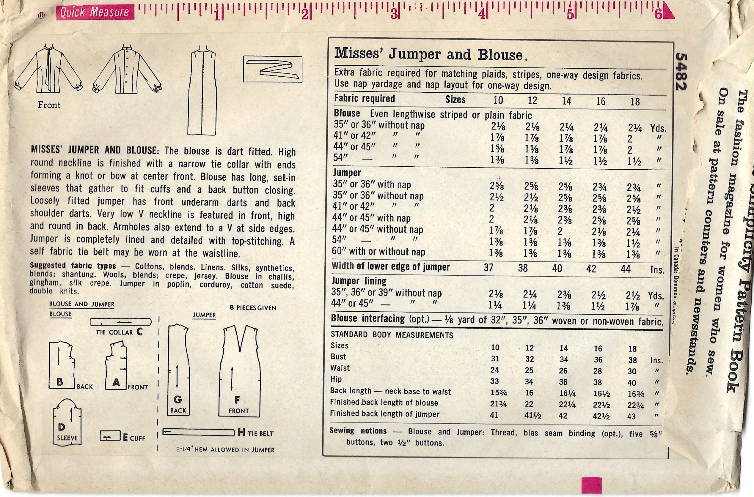 Simplicity 5482, 1960s One Piece Dress Sewing Pattern, Jumper, Size - Etsy