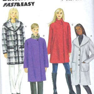 May include: Butterick B6107 sewing pattern featuring four coat designs. The coats are in various colors, including a black and white plaid, red, purple, and white. The pattern includes sizes X-small to Medium.