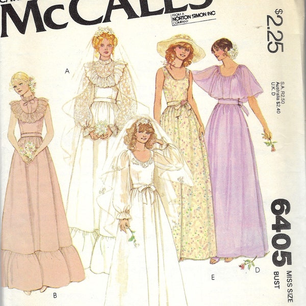 Modèle de couture de robe de mariée vintage des années 70, McCalls 6405 Demoiselle d’honneur nuptiale - Buste 31,5