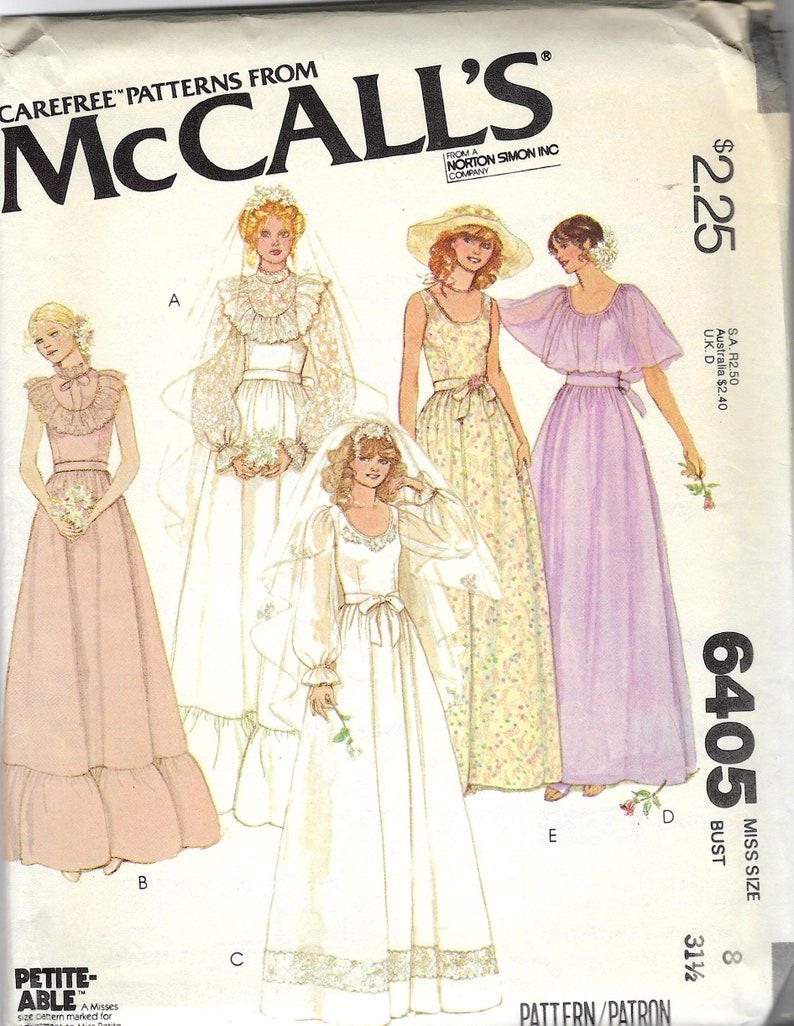 Vintage 70s Wedding Dress Sewing Pattern, McCalls 6405 Bridal Bridesmaid Bust 31.5 image 1