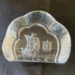 Large Nybro Crystal Paperweight Viking Ships, Sweden