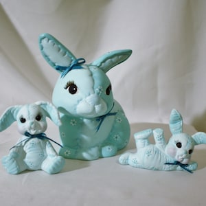 Vintage Blue Rabbit Figurine Set of Three, Turquoise Trio of Bunnies
