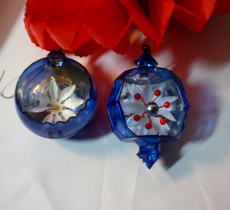 Vintage 50s Diorama Blue Floral Christmas Ornaments, Mid Century, Set of Two image 1