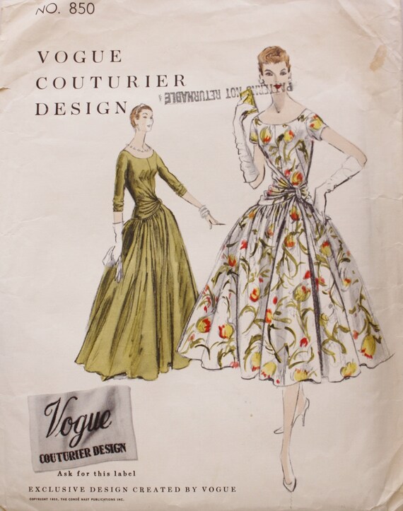 1950s Vogue 850 Couturier Design Sewing Pattern One Piece Etsy