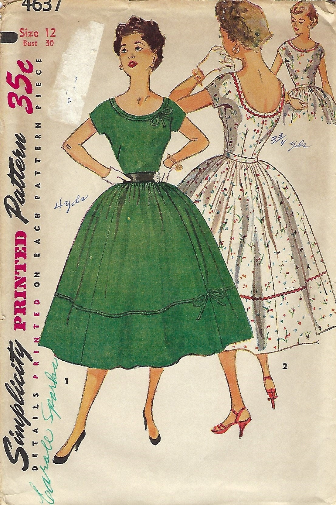 50s One Piece Dress Vintage Pattern, Full Skirt Dress, Simplicity 4637,  Size 12 Bust 30