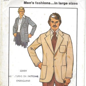 May include: Simplicity pattern 7979 featuring illustrations of men's fashions. The image shows a beige blazer with a pocket and a brown tie, and a checkered blazer. The pattern is available in sizes H (44, 45, 48, & 50) and K (50, 52, 54, & 56).
