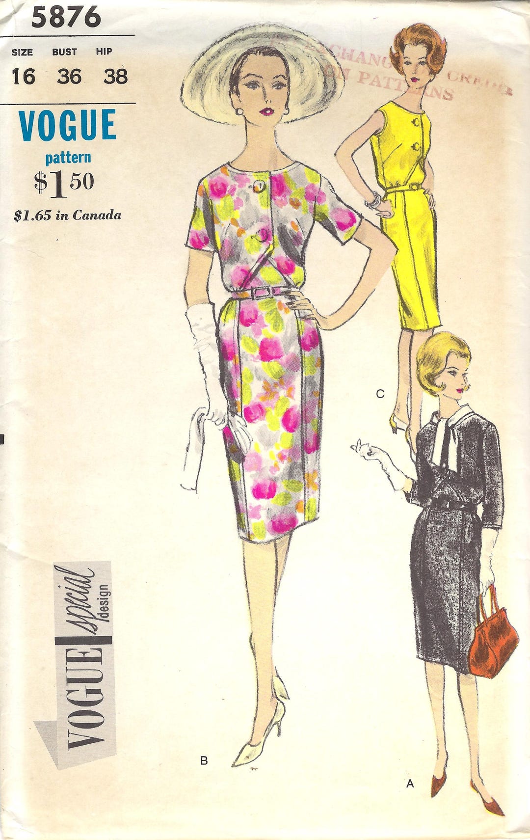 1960s Vintage Sewing Pattern, One Piece Dress Vogue 5876 Size 16 Bust ...