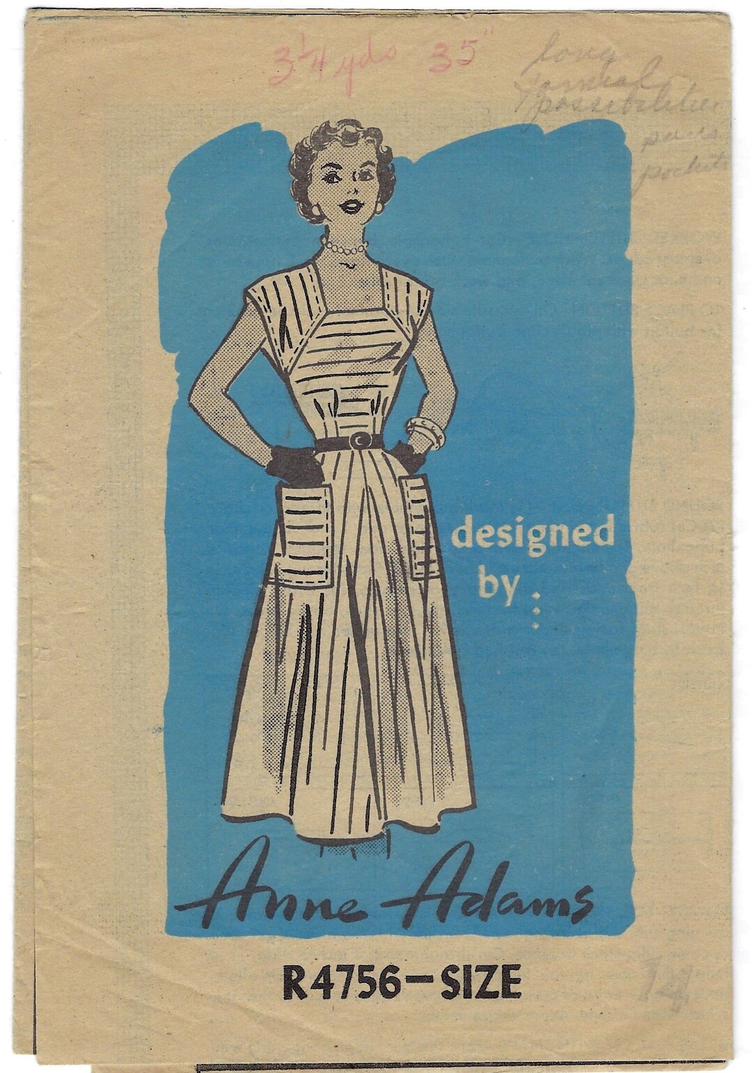 1950s Dress Sewing Pattern, Anne Adams R4756 Bust 32, Vintage Mail ...