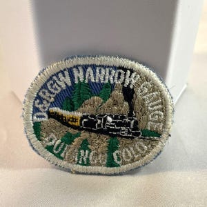 May include: Embroidered patch with a train image. The patch features a blue border with text, a train, mountains, and trees. The text reads "D&RGW NARROW GAUGE SOUTH MOUNTAIN COLORADO".
