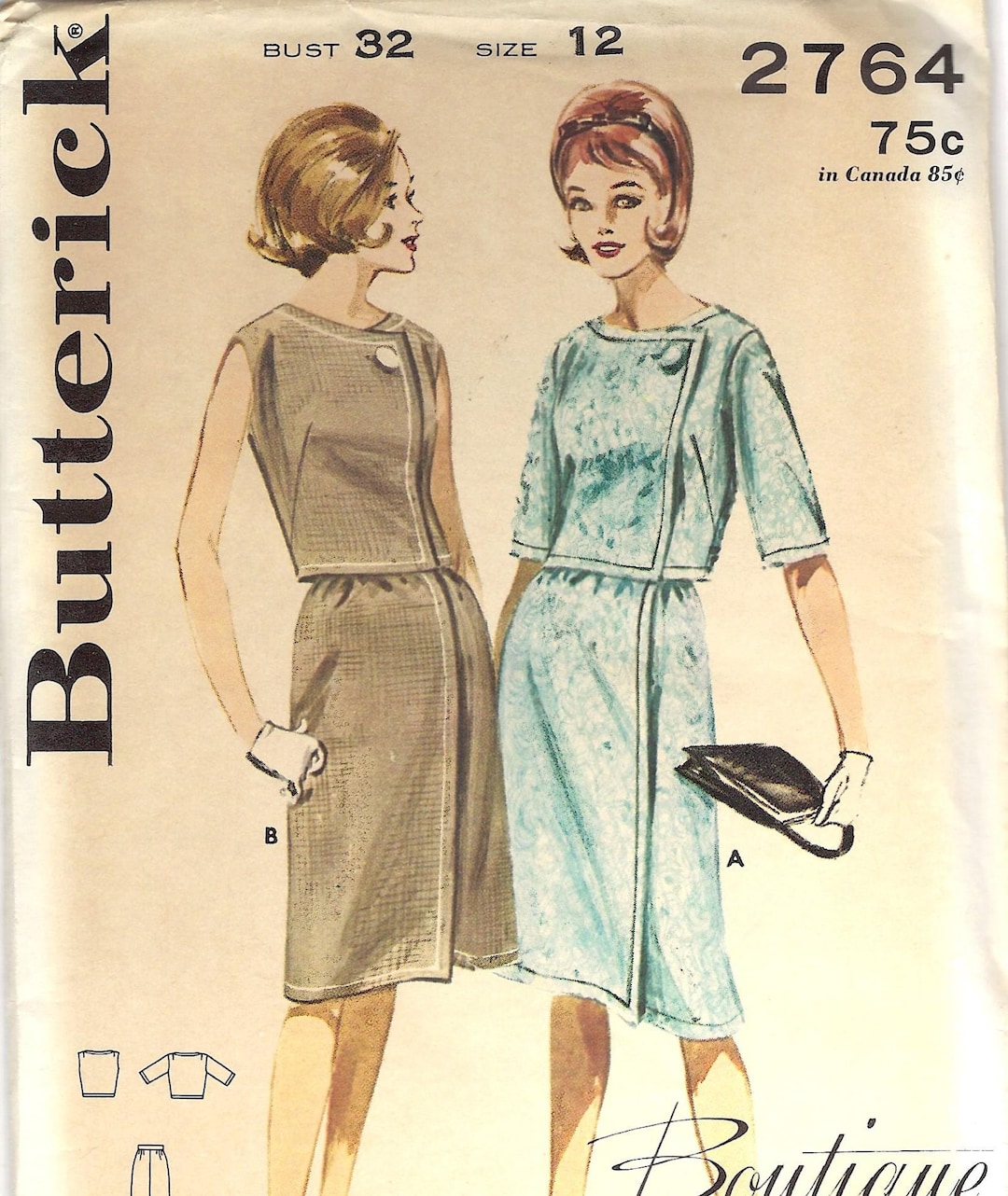 1960s Butterick Two-piece Dress Sewing Pattern 2764 - Size 12 Bust 32 ...