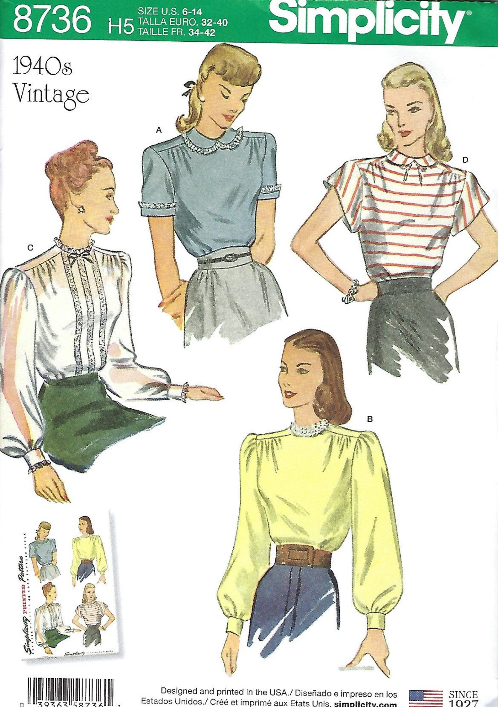 Simplicity 8736 40s Retro Blouses Sewing Pattern UNCUT Etsy