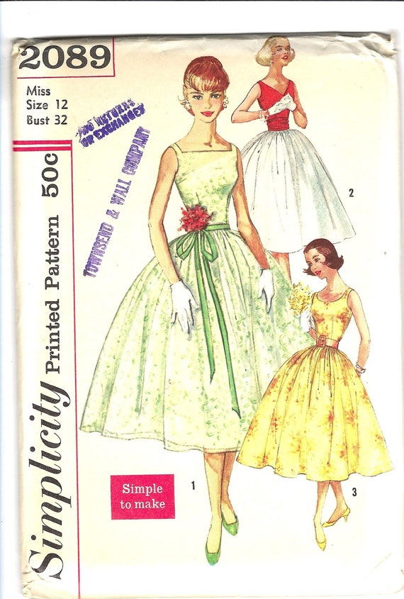 1950s Dress Simplicity 2089 Vintage Sewing Pattern Full Rockabilly Skirt  Evening Cocktail Dress and Cummerbund Necklines Bust 32